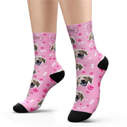 Recipient unwrapping personalised dog face photo socks — a memorable personalised face gift idea for Mother's Day, Valentine's and weddings