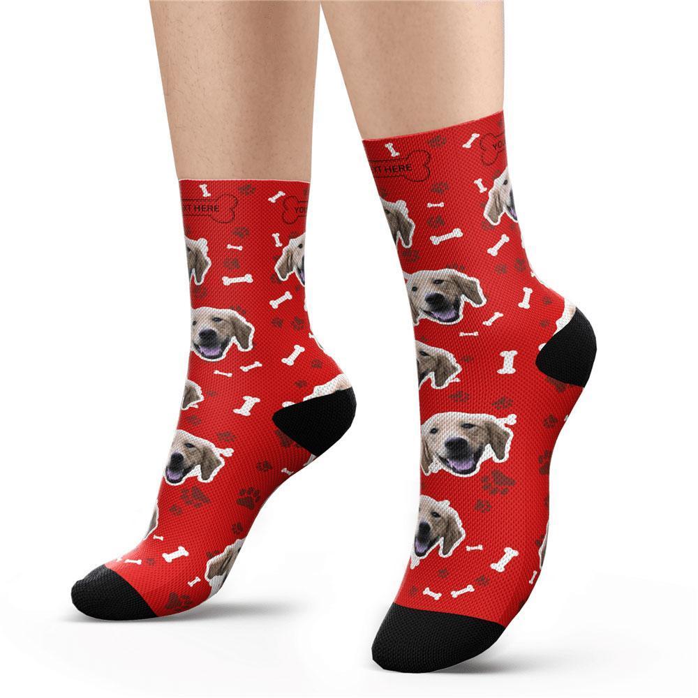 Close-up detail of high-definition printing on custom photo socks showing crisp dog face, colour accuracy and print quality