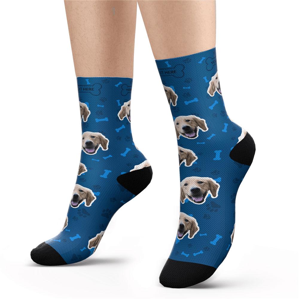 Model wearing personalised dog face photo socks to demonstrate fit and how custom photo socks look on the feet