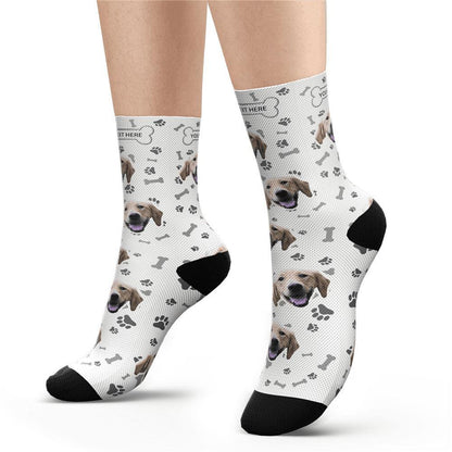 Custom photo socks with an example of engraved text on the cuff — personalised dog face socks for weddings and special occasions