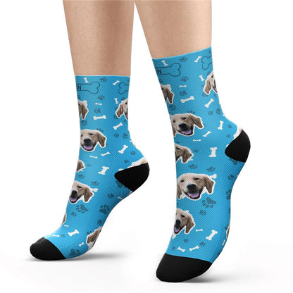 Care label and washing instructions for personalised dog photo socks — machine wash cold, gentle cycle, tumble dry low to preserve the print