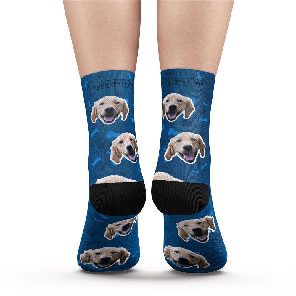 Collage of personalised photo socks featuring different pet faces to illustrate customisation options and engraving text variations
