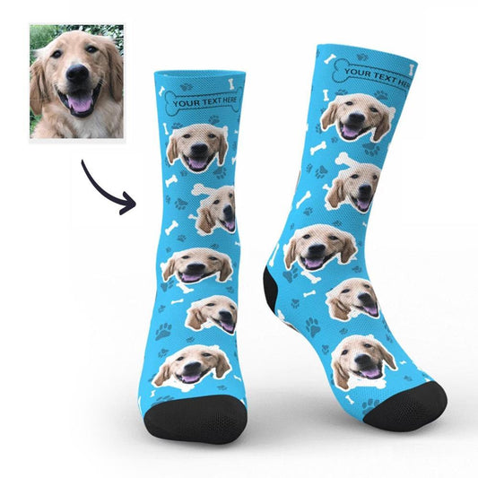 Pair of personalised dog face photo socks showing a high-definition pet portrait on black background — custom photo socks with optional engraved text