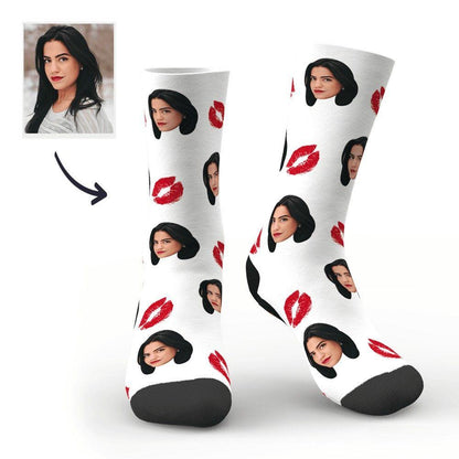 Personalised red lips face socks with custom photo print — novelty custom photo socks for kids and adults, perfect personalised gift for weddings, Valentine's Day and Mother's Day