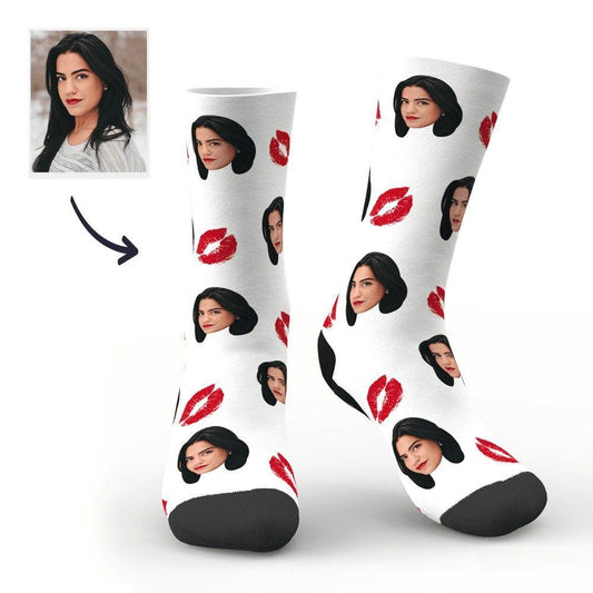 Personalised red lips face socks with custom photo print — novelty custom photo socks for kids and adults, perfect personalised gift for weddings, Valentine's Day and Mother's Day