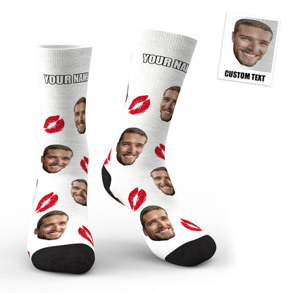 Personalised custom face red lips kiss socks — photo print socks showing a lifelike cropped face with bright red lips and vivid colour-embedded print on soft polyester