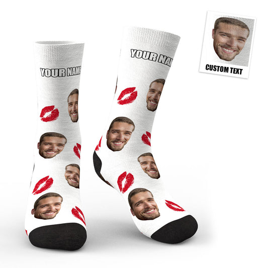 Personalised custom face red lips kiss socks — photo print socks showing a lifelike cropped face with bright red lips and vivid colour-embedded print on soft polyester