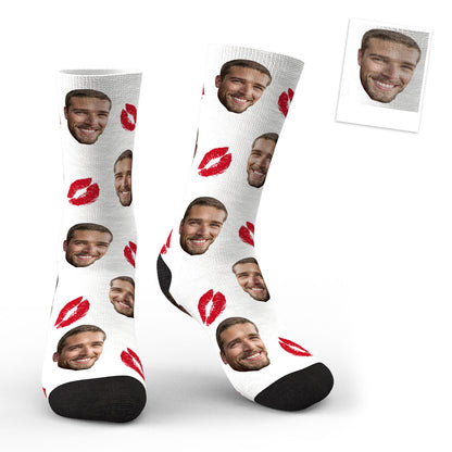 Personalised red lips face socks with custom photo print — novelty custom photo socks for kids and adults, perfect personalised gift for weddings, Valentine's Day and Mother's Day
