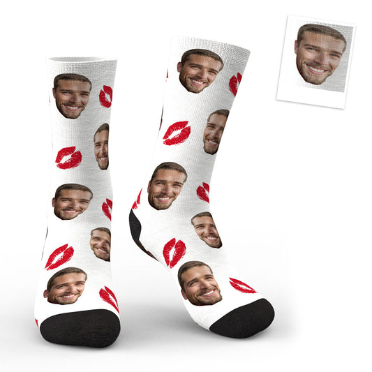 Personalised custom face red lips kiss socks — photo print socks showing a lifelike cropped face with bright red lips and vivid colour-embedded print on soft polyester