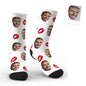 Personalised custom face red lips kiss socks — photo print socks showing a lifelike cropped face with bright red lips and vivid colour-embedded print on soft polyester