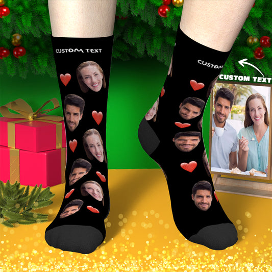 Angled view of personalised face socks with heart - custom photo and name printed, ideal personalised gift