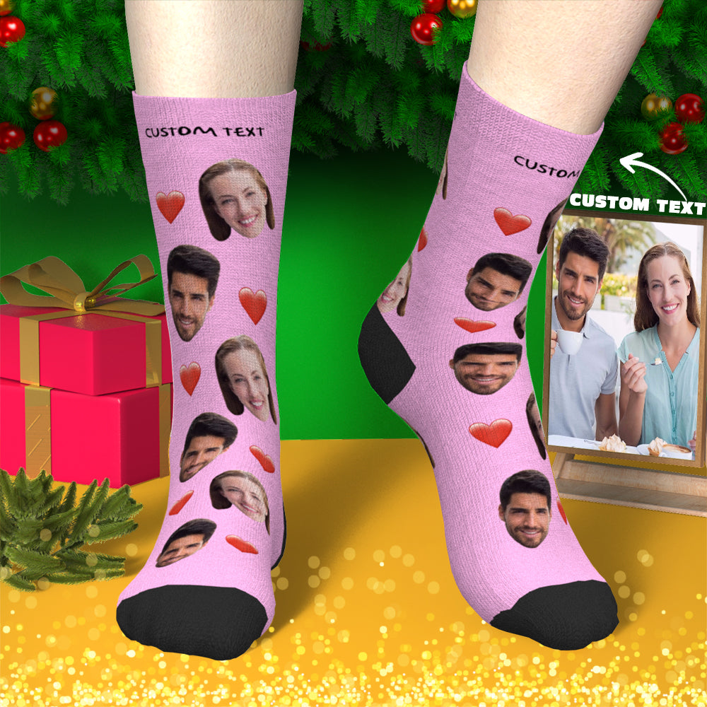 Personalised face socks with heart displayed with size guide - sizes for kids, women and men (S M L)