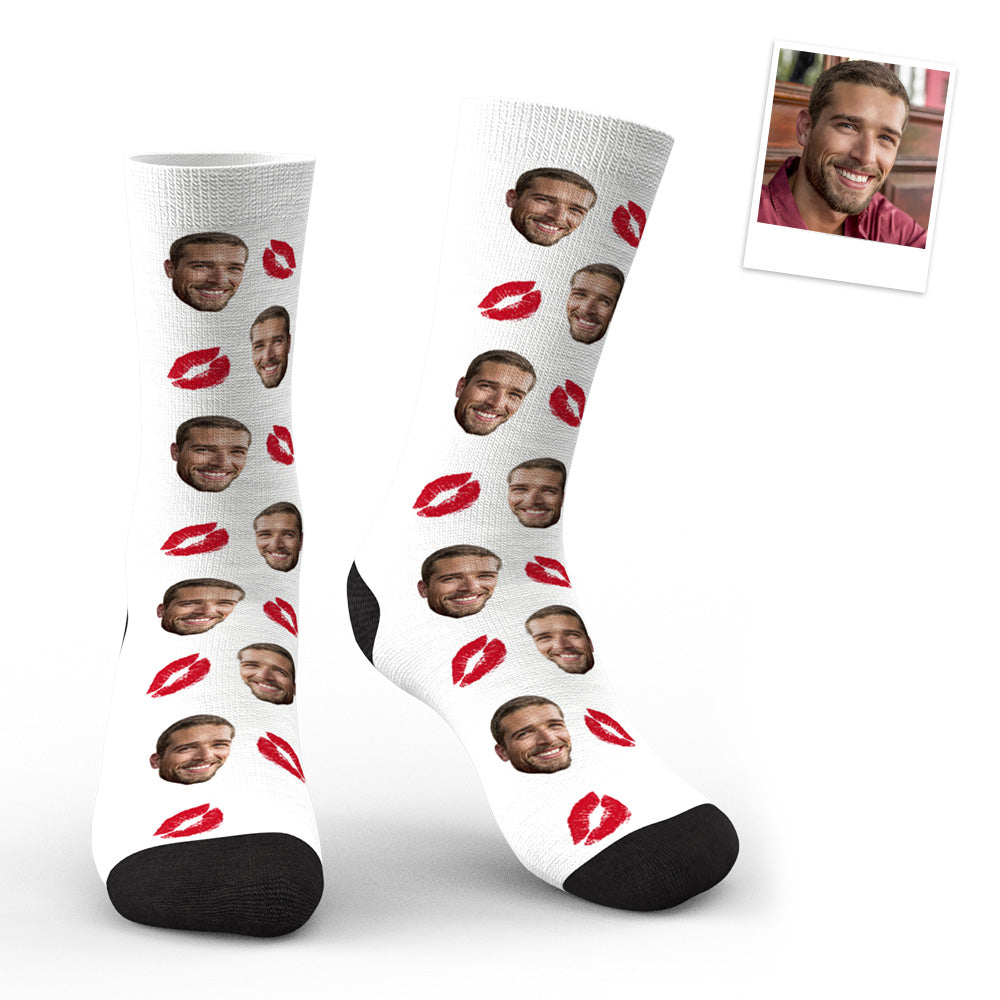 Custom Face Red Lips Kiss Socks showing a clear personalised photo face with vivid red lips on soft breathable socks