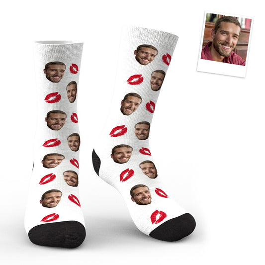 Custom Face Red Lips Kiss Socks showing a clear personalised photo face with vivid red lips on soft breathable socks