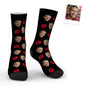 Pair of Custom Face Red Lips Kiss Socks laid flat, full-face personalised photo print and bright red kiss detail — personalised photo socks gift