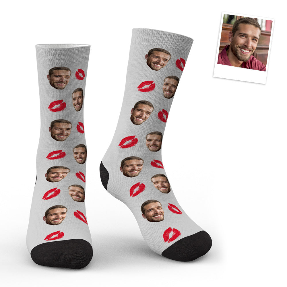 Close-up of heat-transfer print on Custom Face Red Lips Kiss Socks, sharp colours and fade-resistant personalised photo detail
