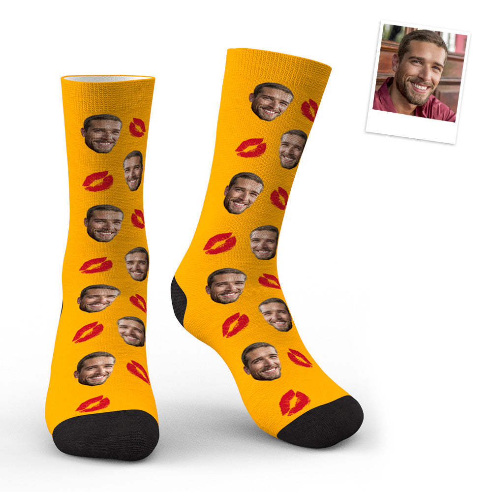 Custom Face Red Lips Kiss Socks worn on feet to show fit and moderate thickness — cosy, breathable personalised photo socks for all seasons