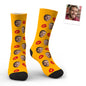 Custom Face Red Lips Kiss Socks worn on feet to show fit and moderate thickness — cosy, breathable personalised photo socks for all seasons