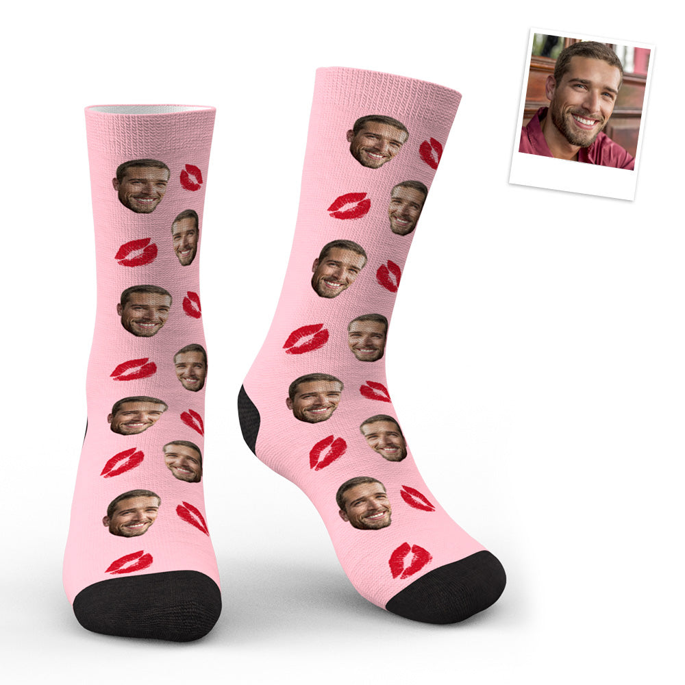 Children’s and adult Custom Face Red Lips Kiss Socks side by side, highlighting kid, woman and man sizes for personalised photo socks