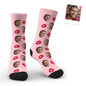 Children’s and adult Custom Face Red Lips Kiss Socks side by side, highlighting kid, woman and man sizes for personalised photo socks