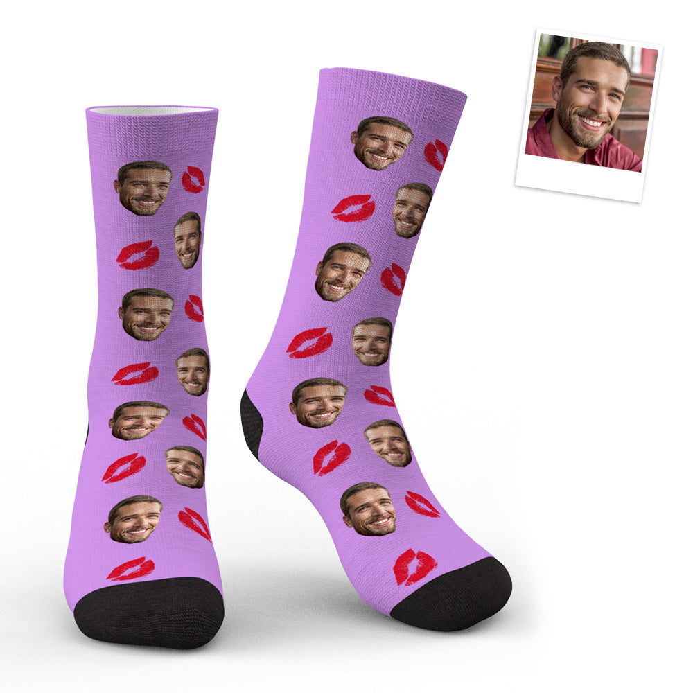 Gift-ready Custom Face Red Lips Kiss Socks in a presentable layout — a personalised photo socks idea for Valentine’s Day, birthdays and weddings
