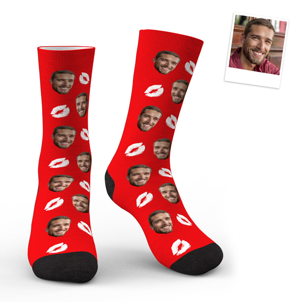 Back and heel view of Custom Face Red Lips Kiss Socks showing print placement and durable, wear‑resistant fabric for personalised photo socks