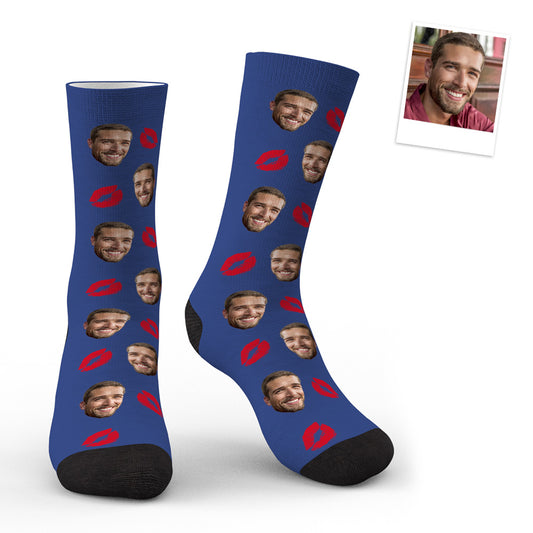 Custom Face Red Lips Kiss Socks showing a clear personalised photo face with vivid red lips on soft breathable socks