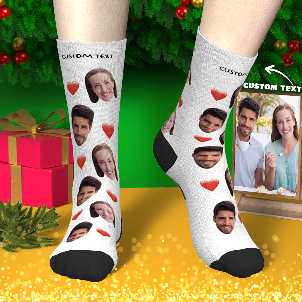 Studio front-on shot of custom face socks with heart, clear high-resolution personalised photo example