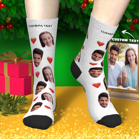 Studio front-on shot of custom face socks with heart, clear high-resolution personalised photo example