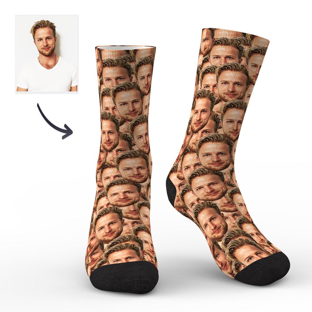 Close-up of custom face mash socks showing clear heat-transfer print and stretch fabric blend (polyester, cotton, chinlon, spandex) – comfortable, durable personalised gift