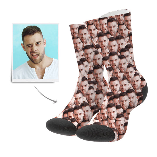 Custom Face Mash Socks – personalised photo socks showing a pair of white ankle socks printed with multiple faces, soft breathable fabric, ideal gift for birthdays, Mother's Day and Valentine’s (UK & Australia)