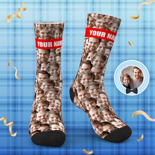 Personalised Photo Mash Socks featuring a custom face print and personalised text on premium polyester with vibrant, long-lasting colours