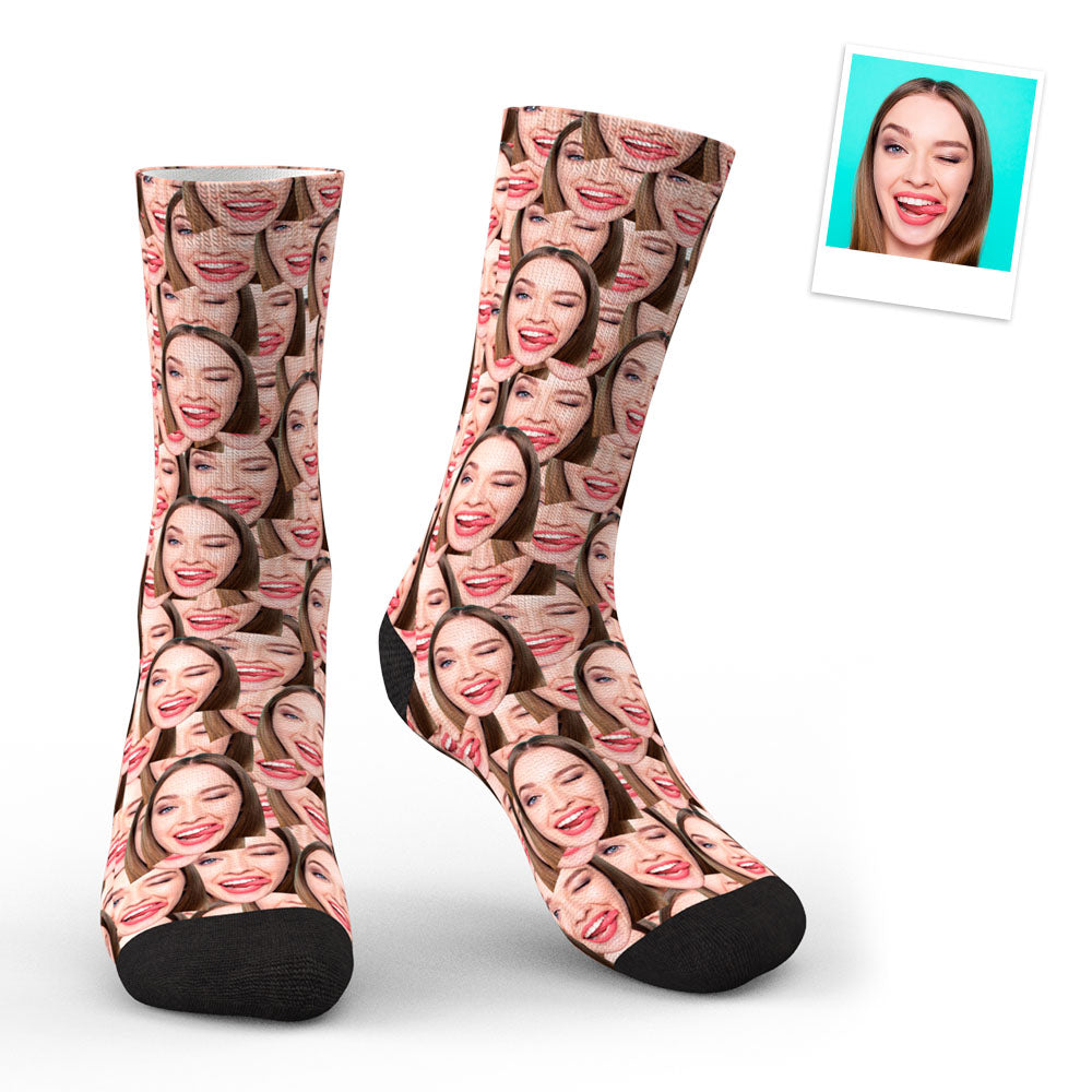 Model wearing Personalised Photo Mash Socks demonstrating a snug comfortable fit and all-over custom face print for everyday wear