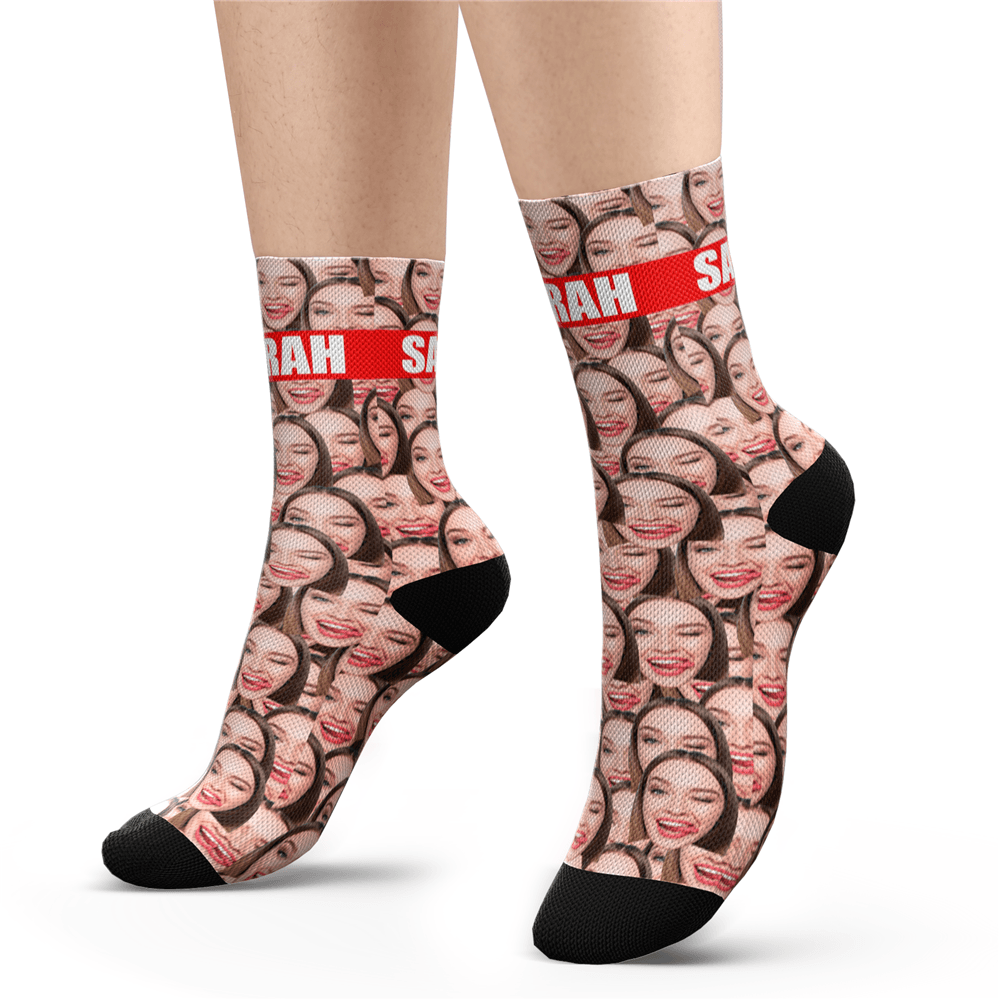 Close-up of custom face socks showing precise photo cutout, premium threading and sharp vibrant print on personalised Photo Mash Socks