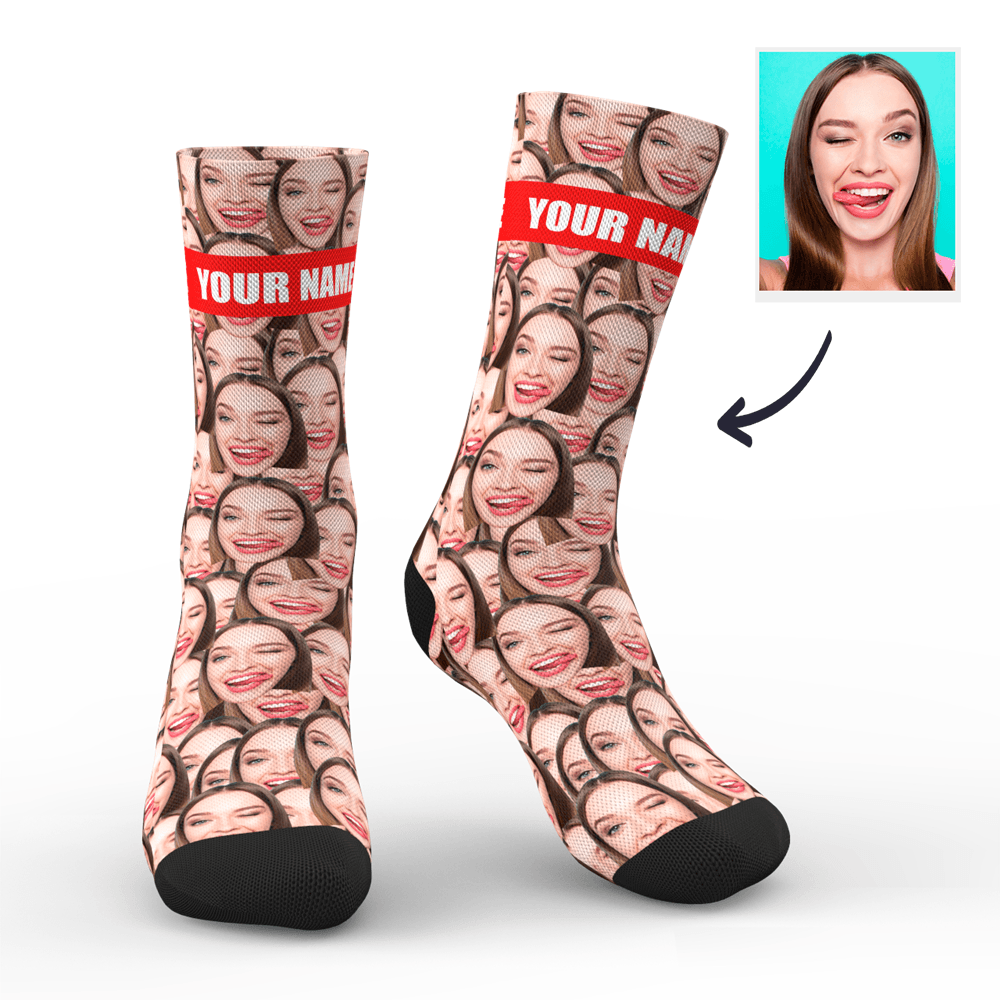 Personalised Photo Mash Socks featuring a custom face print and personalised text on premium polyester with vibrant, long-lasting colours