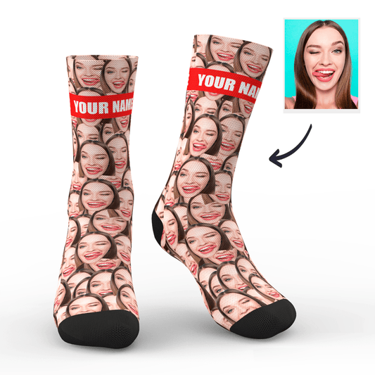 Personalised Photo Mash Socks featuring a custom face print and personalised text on premium polyester with vibrant, long-lasting colours