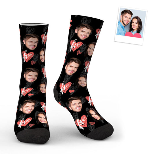 Custom Face Heartbeat Socks personalised photo socks showing a custom face cutout within a heartbeat motif on soft polyester ankle socks with rich fade‑resistant colours