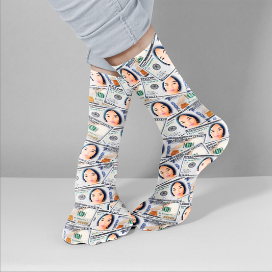 Personalised Face Dollar Socks — pair of custom photo socks with dollar-print background on white studio backdrop, ideal personalised socks gift for men, women and kids