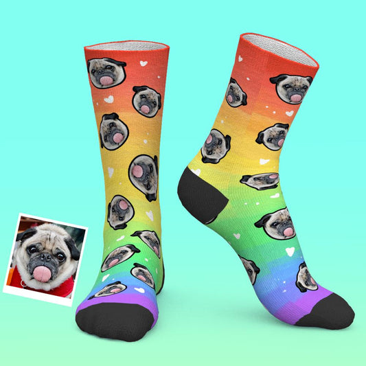 Personalised Rainbow Face Socks featuring a custom face cutout and rainbow stripes, vibrant, fade-resistant colours printed on soft polyester — the perfect custom gift for dog lovers.