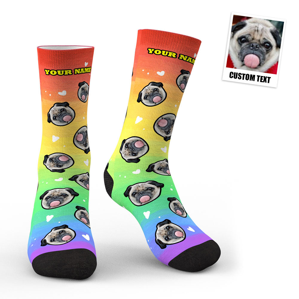 Close-up of custom face on rainbow socks highlighting vivid colour, deep-dye printing and durable threading — premium custom face socks
