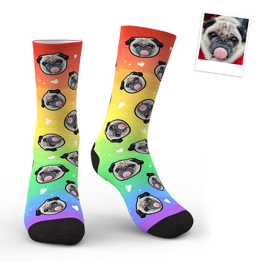 Personalised Rainbow Face Socks featuring a custom face cutout and rainbow stripes, vibrant, fade-resistant colours printed on soft polyester — the perfect custom gift for dog lovers.
