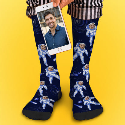 Men's size personalised astronaut socks displayed to show fit and proportions with a sharp face preview — perfect personalised gift for him, custom face socks