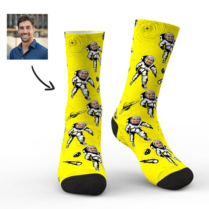 Men's size personalised astronaut socks displayed to show fit and proportions with a sharp face preview — perfect personalised gift for him, custom face socks