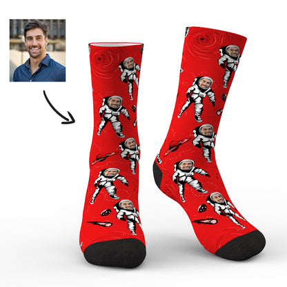 Close-up of heat transfer print on astronaut socks showing vibrant colours and fabric texture, detailed view of printed face photo — durable face photo socks, washable and breathable