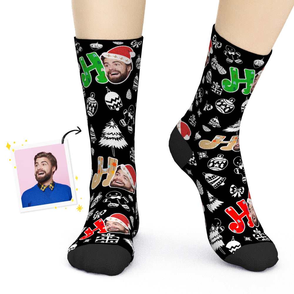 Personalised Face Christmas Socks (colour B) — close-up of custom photo socks with bright heat‑transfer print, adults & kids sizes, novelty Christmas present