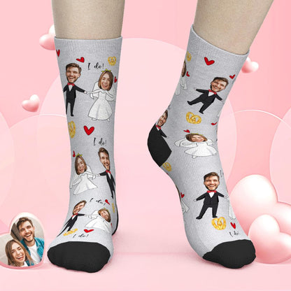 Angled view of custom face socks displaying detailed portrait reproduction and premium threading — ideal personalised bride and groom socks