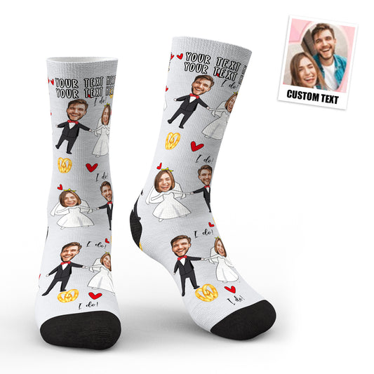 Angled view of custom face socks displaying detailed portrait reproduction and premium threading — ideal personalised bride and groom socks