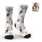Angled view of custom face socks displaying detailed portrait reproduction and premium threading — ideal personalised bride and groom socks