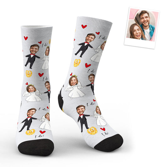 Angled view of custom face socks displaying detailed portrait reproduction and premium threading — ideal personalised bride and groom socks