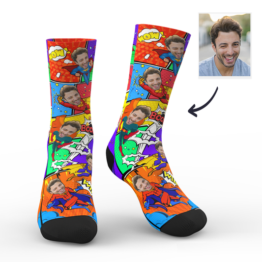 Personalised Comic Socks laid flat showing tropical pattern and custom text — unique personalised photo gift for birthdays and special occasions in the UK & Australia